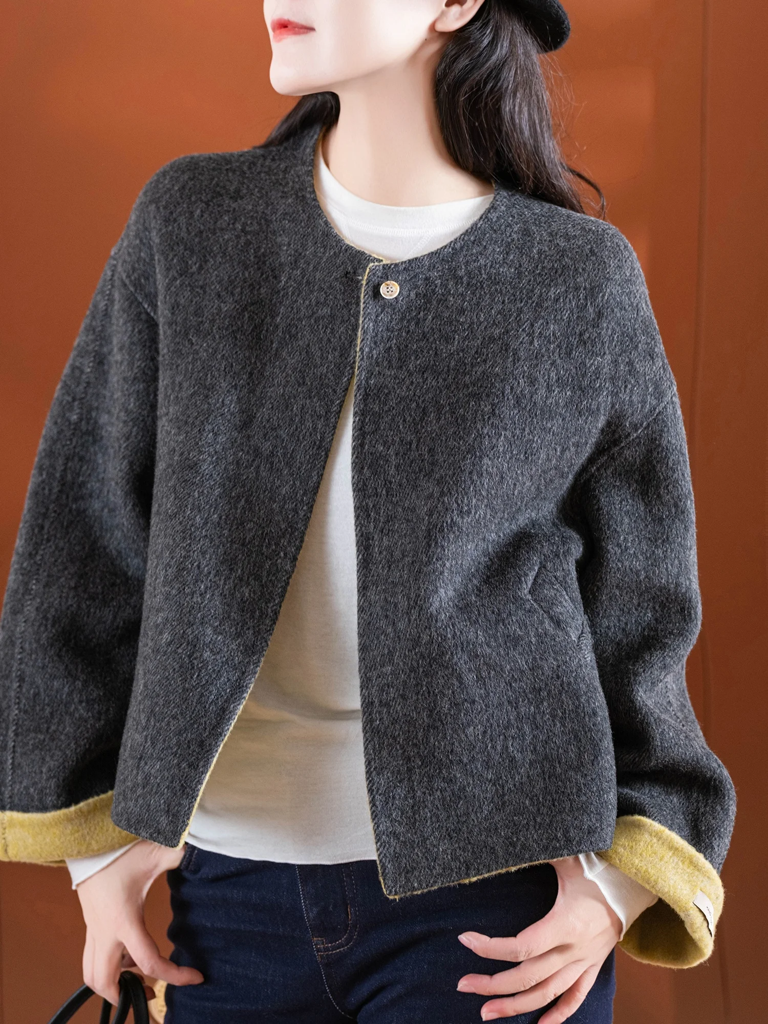 

Double-Sided Handmade Woolen Coat with Buttons ort Sle for Women by Little Ear Brand 00% Wool Thi Winter Jaet