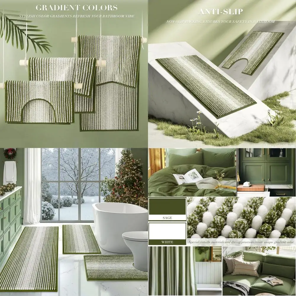 

3-Piece Bathroom Rug Set: U-Shaped Toilet Mat & Striped Shower Mat, Sage Green Chenille