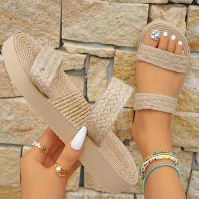 Women Straw Double Strap Slides Sandals Casual Open Toe Flat Shoes Woman Slippers Flat Heel Outdoor Summer Slides Ladies Shoes
