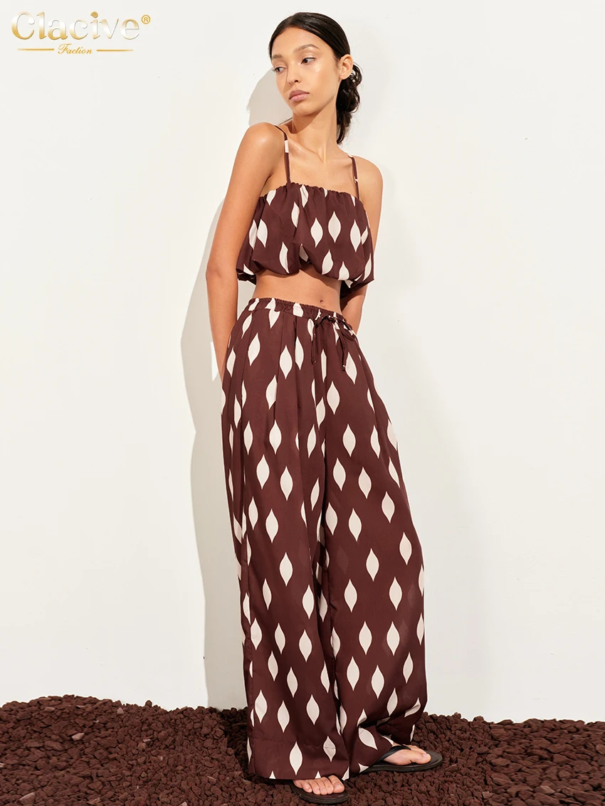 Clacive Summer Loose Print 2 Piece Sets Women Outfit 2024 Sexy Sleeveless Tank Top With High Waist Wide Pants Set Streetwear