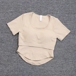 New Fixed Bra Yoga Suit Slimming Sports Top Women's Short Sleeve Breathable Running Fitness Shirt