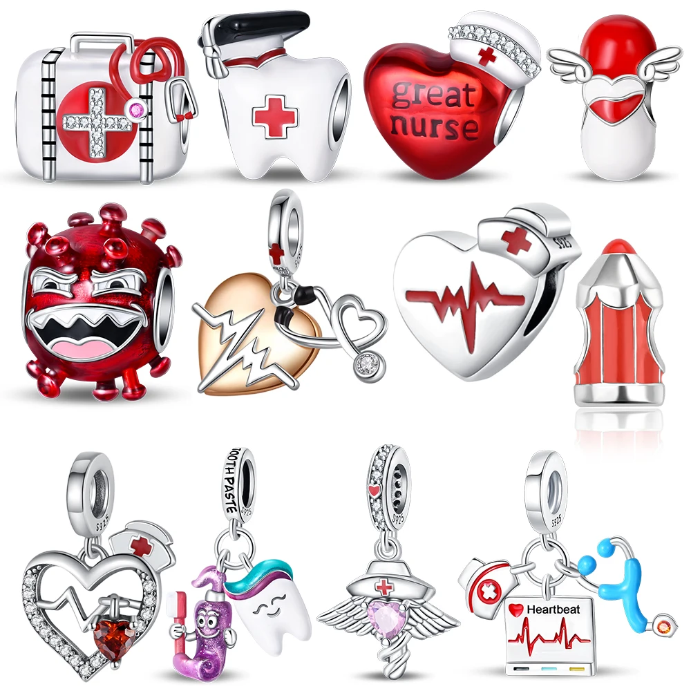 925 Sterling Silver Medicine Box&Pen&Teeth&ECG&Pills&Viruses&Nurse Hat Heart Shaped Beads Charm Fit Brand Bracelet DIY Jewelry