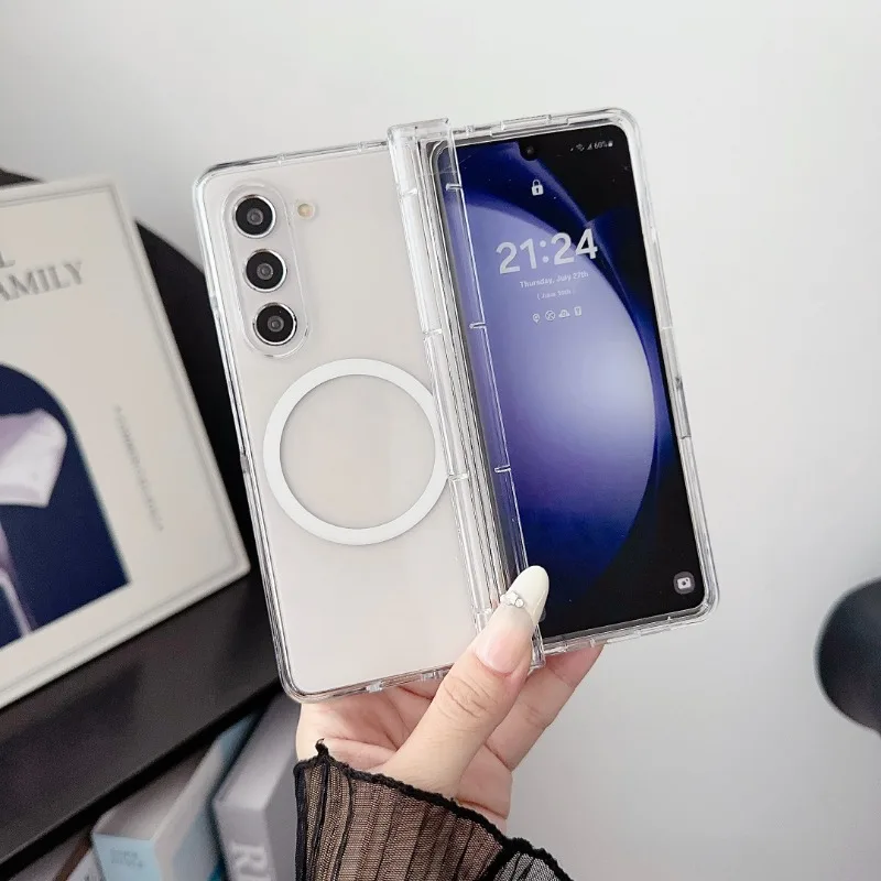 Magnetische Kabellose Ladehülle Transparent für Samsung Galaxy Z Fold 8 Ultra 7 6 5 4 3 Fold6 Fold5 mit Scharnierschutz