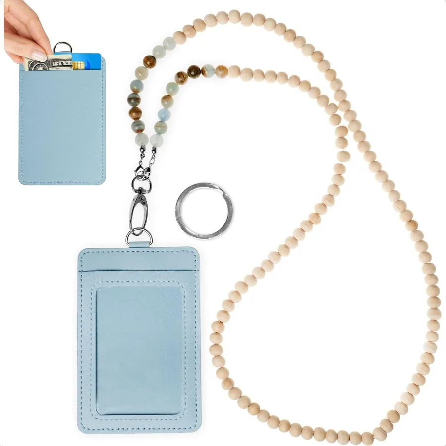 

Ремешок для бейджа из бисера с держателем для удостоверения личности 17,2 Симпатичный ремешок для учителя с бусинами Натуральные кристаллы Съемный кошелек из ПВХ с дополнительным покрытием