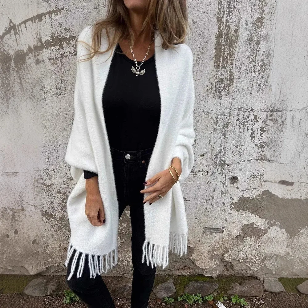 Women Loose Knit Plush Tassel Cape Shawl Imitation Mink Fleece Sweater Cardigan Knitted Fringed Shoulder Coat Autumn Winter New