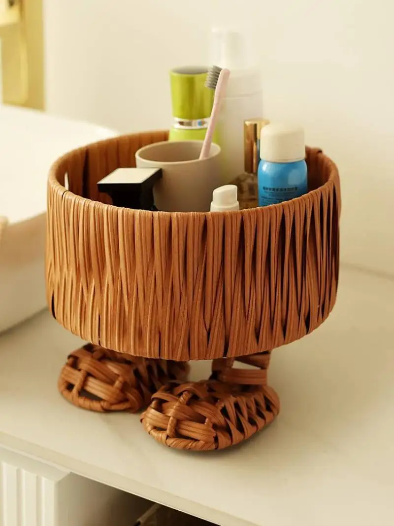 

Nordic Rattan Organizer Basket Fruit Snacks Cosmetics Storage Bowls Cute Feet Rattan Woven Basket Living Room Kitchen Storage