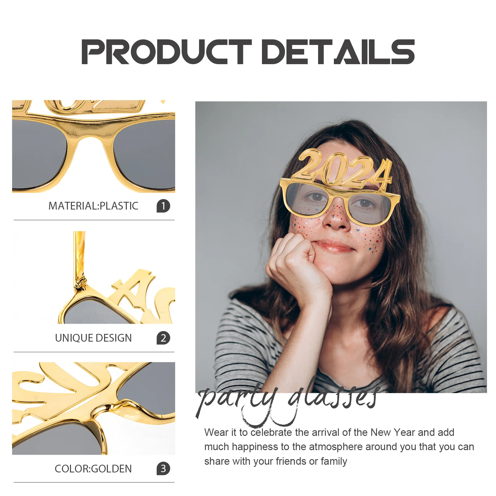 

1 пара пластиковых очков для новогодней вечеринки 2024, креативные забавные очки, реквизит, фестиваль, фотодекор, новогодние очки