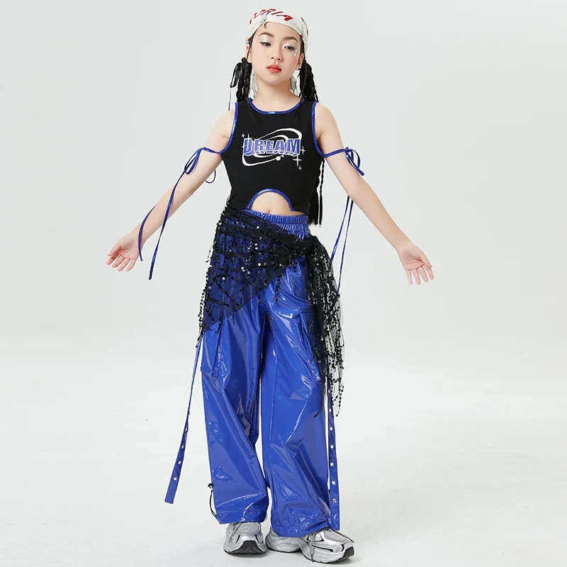 

Jazz Dance Costume For Girls Kpop Group Singing Performance Wear Blue Leather Pants Children Fashion Hiphop Show Outfit DQS19287