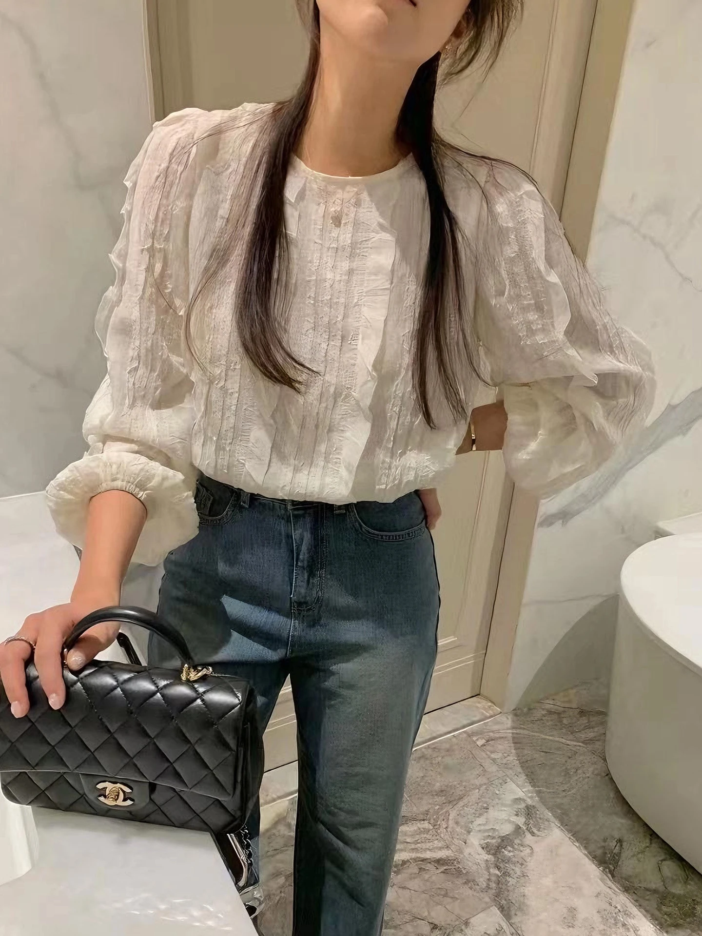 여성용 루즈 버블 스웨트 디자인 센스 스플라이싱 3D 우드 가을 신상 순색 다용도 탑