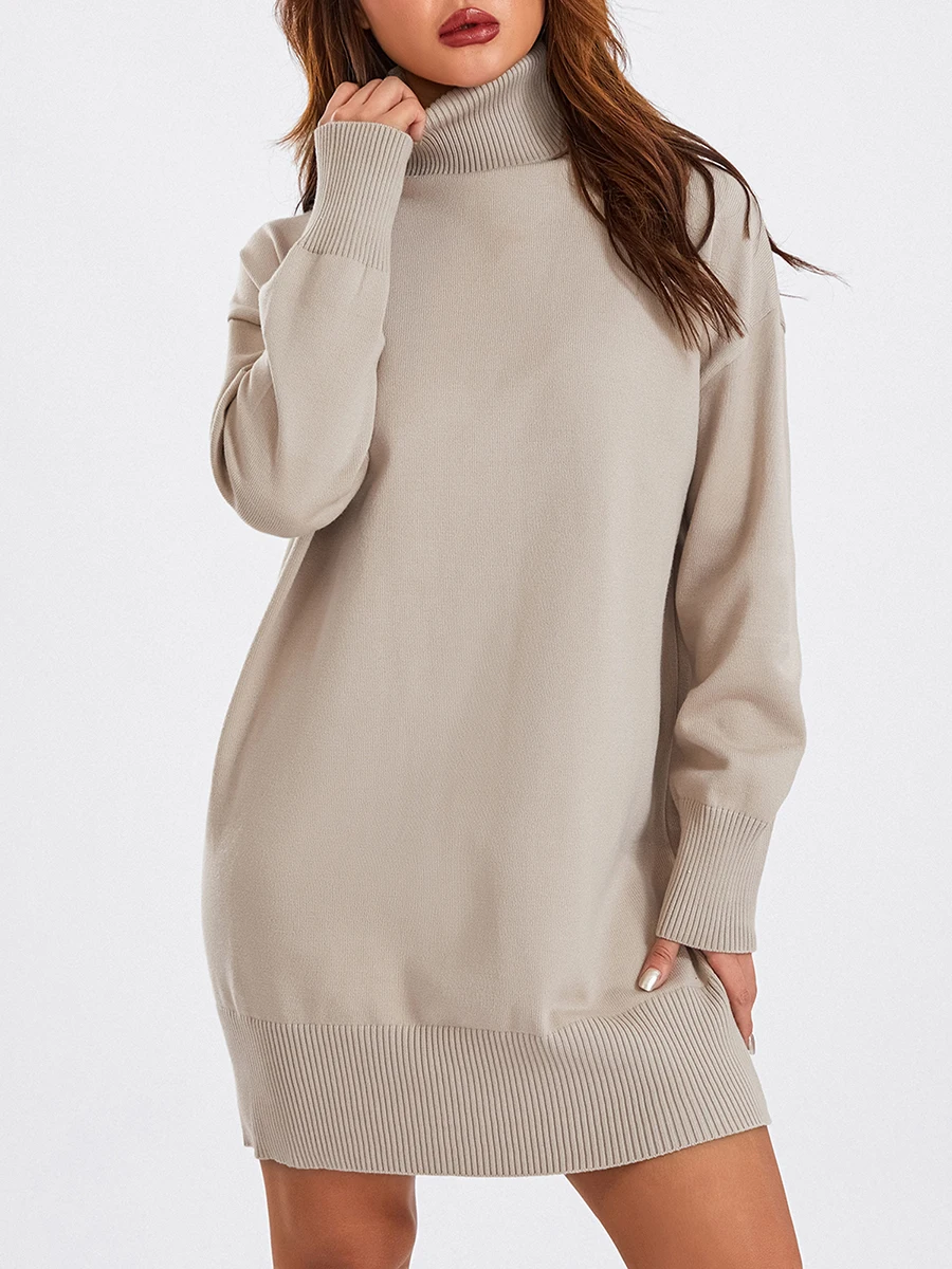 Women Knitted Sweater Dress Autumn Winter Turtleneck Screw Thread Ribbed Loose Long Sleeve Solid Color Dresses for Dailywear