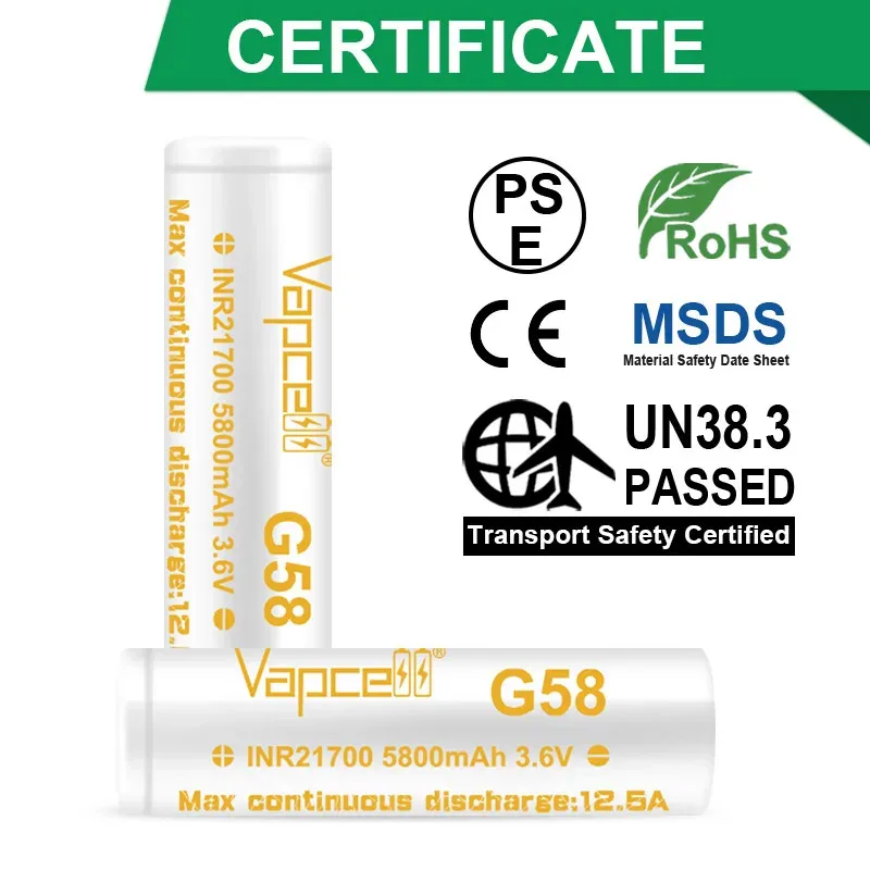 High-capacity Vapcell  INR 21700 Battery 5800mah 100% Original G58 12.5A 3.6V Rechargeable Battery For VapeMod Flashlight Toys