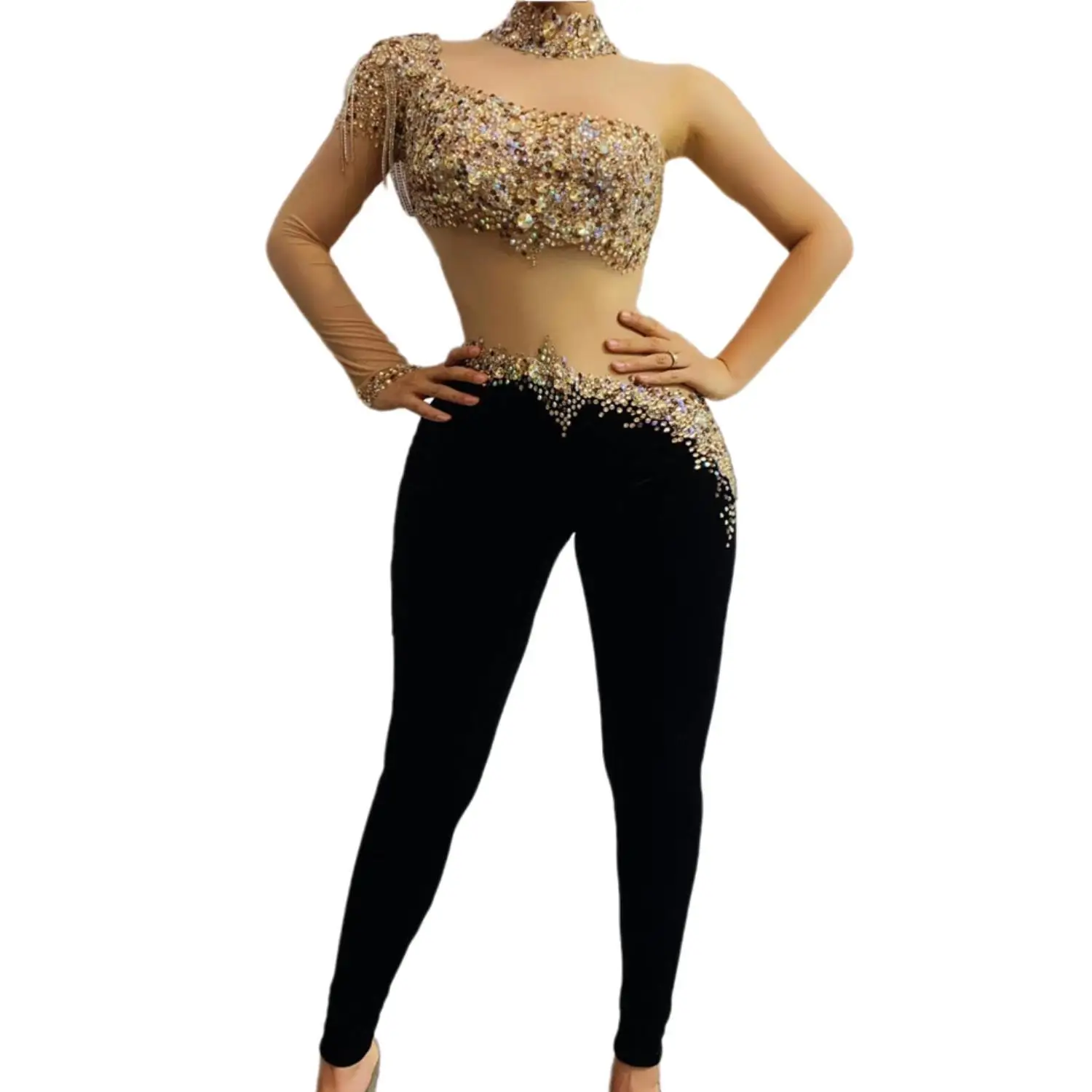 Sexy Rhinestone Mesh Perspective Velvet Party Jumpsuit Women Stretch Latin Dance Rompers Nightclub Jazz Bodysuits Heirongku