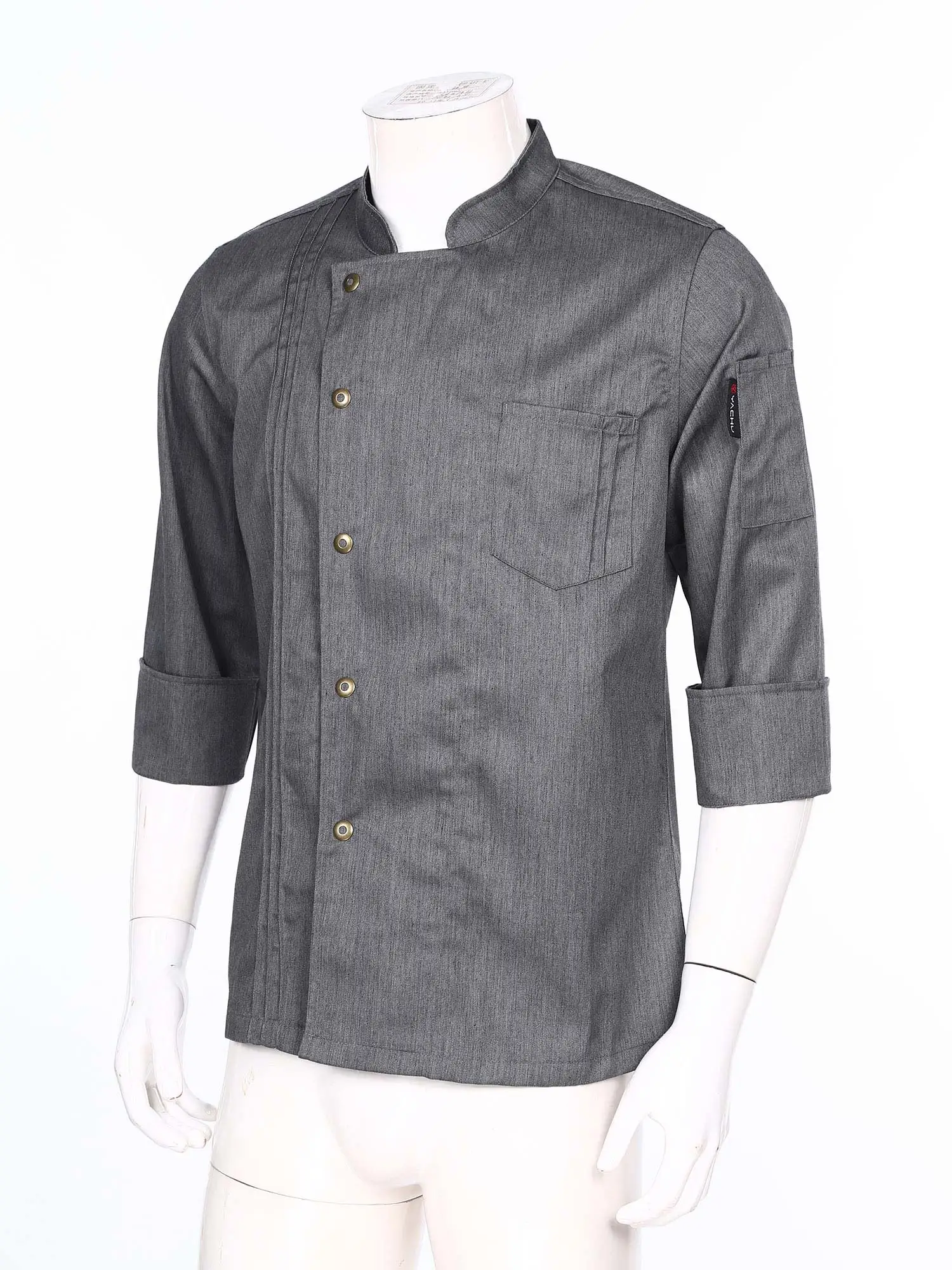 Mens Womens Stylish Chef Jacket Stand Collar Long Sleeve Cook Uniform with Pockets for Kitchen Restaurant Hotel Bakery Canteen