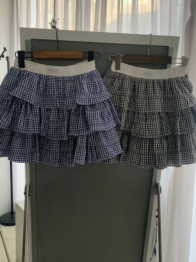 Geruite rok voor dames, elastische taille, gelaagde kanten zoom, afslankende, leeftijdverlagende, veelzijdige, volledig geplooide rok