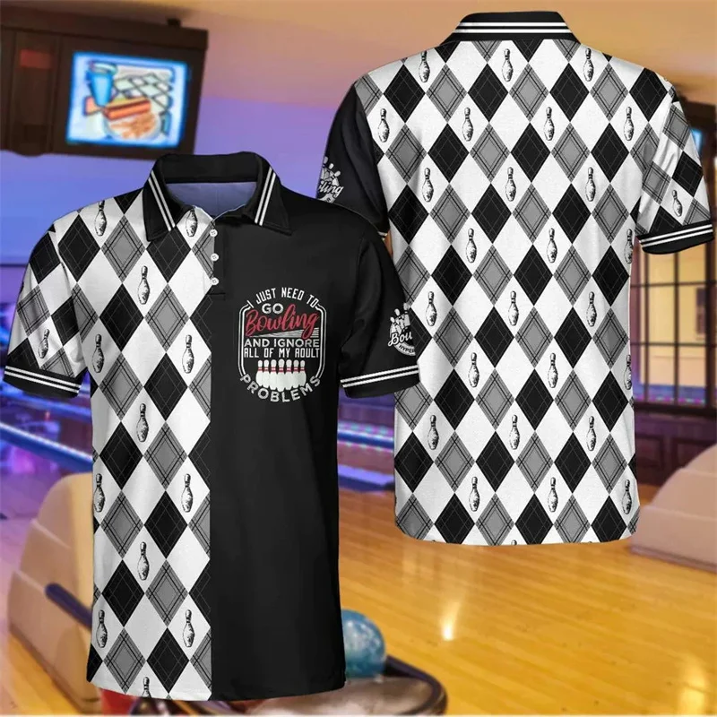 3D Print Bowling Ball Polo Shirts For Men Ninepins Player Pattern Short Sleeves Fashion Casual Sport Street Tops Oversized Tees