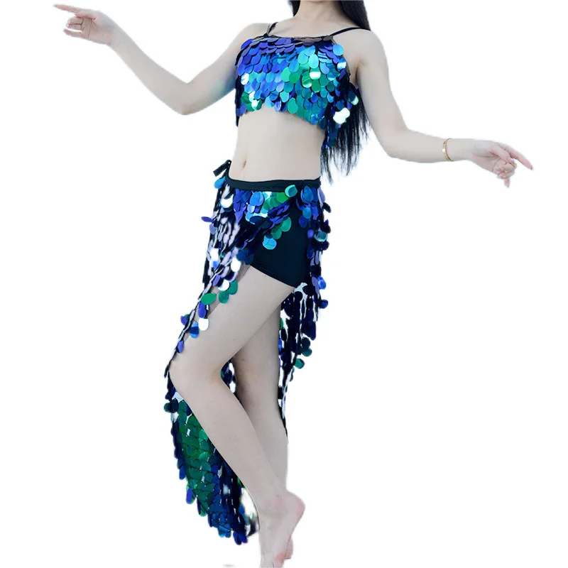 Belly Dance เซ็กซี่ Mermaid สะโพกผ้าพันคอกระโปรง + Bra สุภาพสตรี Oriental อินเดียเต้นรําเครื่องแต่งกายชุด Ball Party Stage Performance เลื่อมชุด