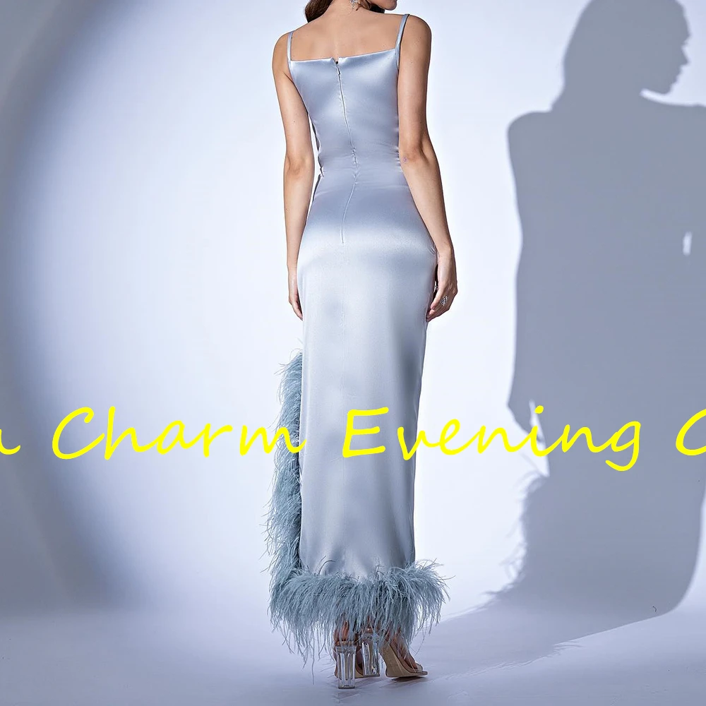 Elegant Ankle Length Strapless Spaghetti Straps Satin Sleeveless Feathers Evening Dress Classic Photo Color vestidos de fiesta