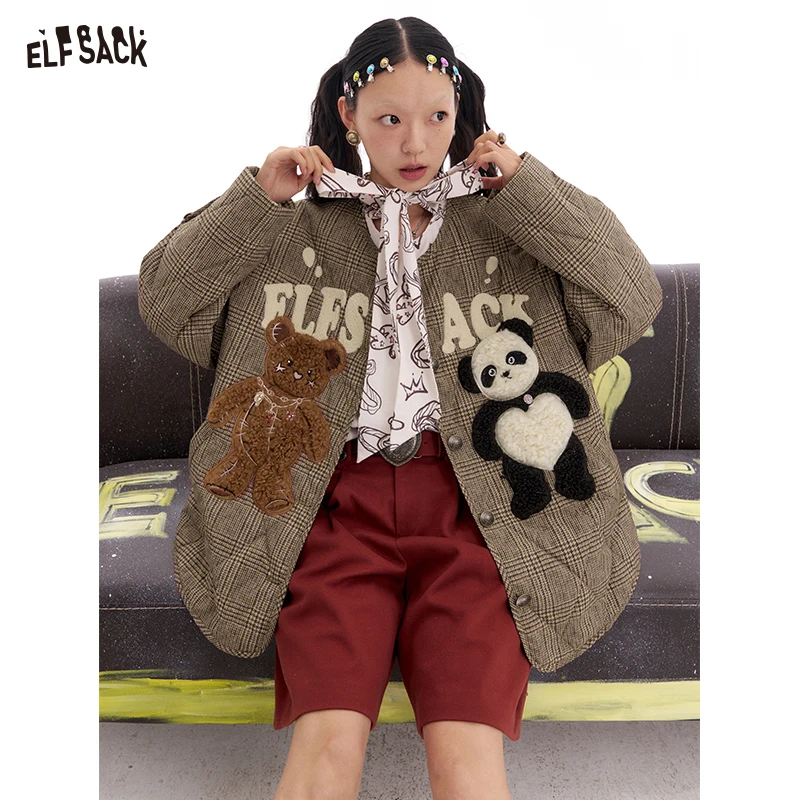 ELFSACK 2025 Spring New Arrivals Retro Plaid Bear Patch Jacket Women's O Neck Single Breasted Top