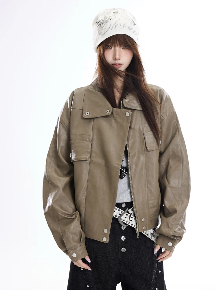American Retro Stand Collar Leather Jacket Women Short Loose High End Feeling Jacket Cool And Elegant Style for Autumn Winter