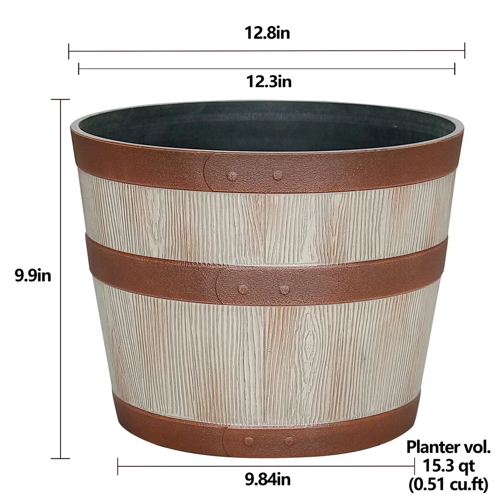 Donica z żywicy w kształcie beczki whisky, trwała, okrągła, do użytku wewnątrz i na zewnątrz, z otworami odpływowymi, odporna na mroz, lekka, łatwa w pielęgnacji.