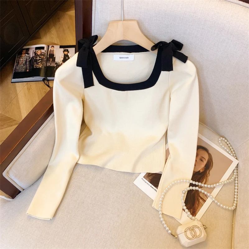 

Ele Long Sve Knitwear Women's Base irt Hepburn Sle Square Collar Knot Slim Fit Autumn Faion Polyester