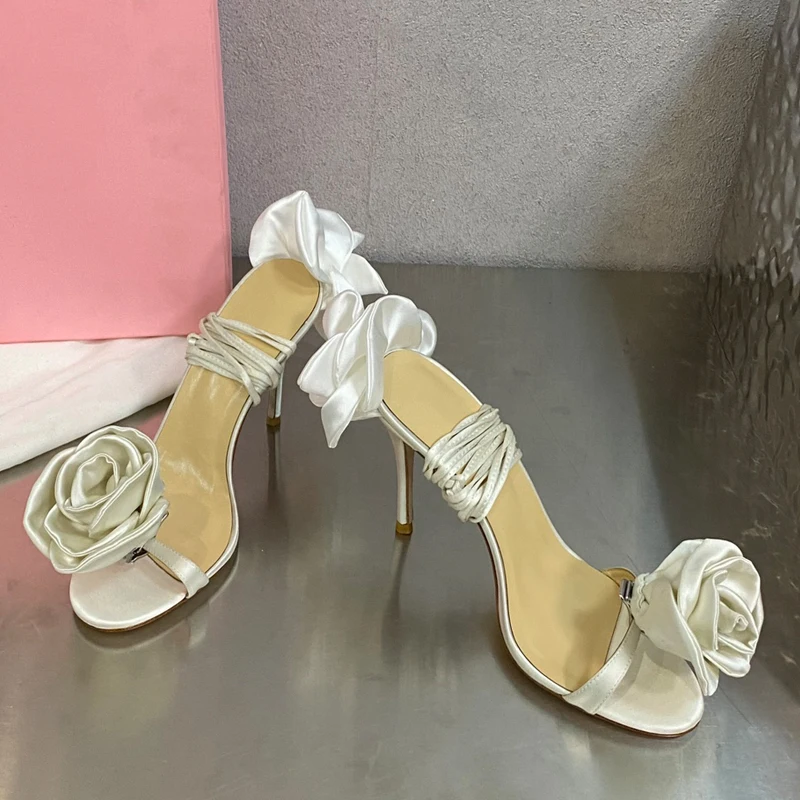 Fashion 3D Flower Decor Sexy High Heel Women Sandals Silk Satin Summer Shoes Crystal One Strap Open Toe Lady Party Wedding Shoes