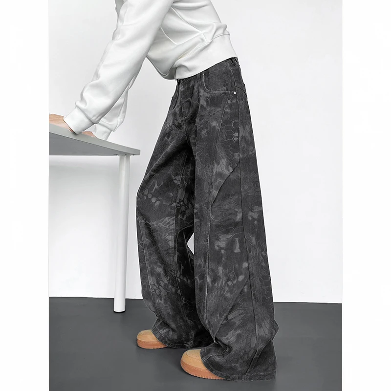 

American High Street Washed Wide Leg Jeans Men Summer Trendy Brand Knife Angle Workwear Pants Straight Leg Long Trousers