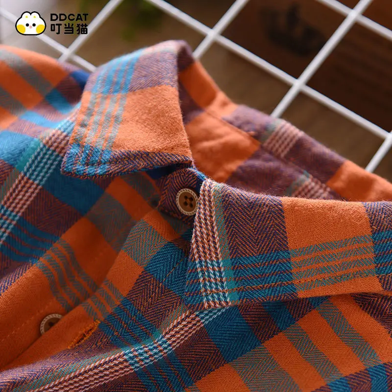 Boys\' Shirt Autumn and Winter Cotton Handsome Coat Middle Children\'s Plaid Long Sleeve Plush Spring and Autumn Shirt