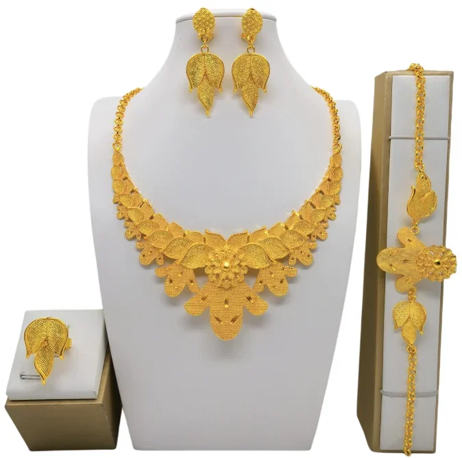 Conjunto de joyería de lujo para mujer, pulsera africana, pendientes, collar, anillo, diseño de flores de Dubai, Color dorado de 24 quilates, 4 piezas