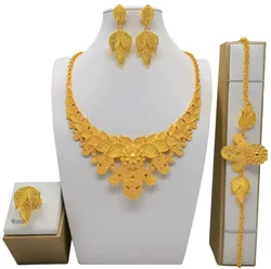 Fashion Dubai Flower Design Luxury 24k Gold Color Women's Jewelry Set African Fashion Bracelet Earrings Necklace Ring Four Piece