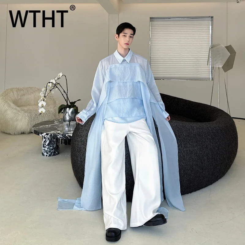 

WTHT Trendy Men's Solid Color Patchwork Ribbon Design Shirts Fashion 2026 Summer Loose Lapel Pullover Male 2A2880