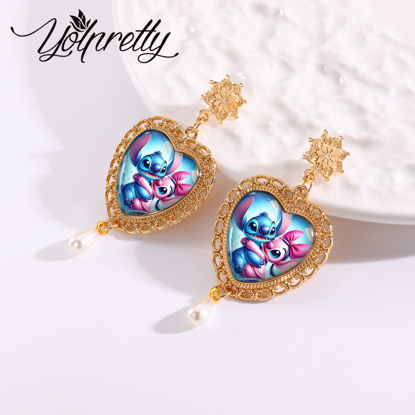 Pendientes colgantes de corazón de Mandala dorado hechos a mano con amor de pareja de Ángel Lilo y Stitch, novedad de 2024