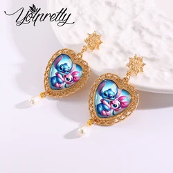 2024 New Arrival Fashion Cute Lilo and Stitch Angel Couple Love Handmade Golden Mandala Heart Dangle Earrings