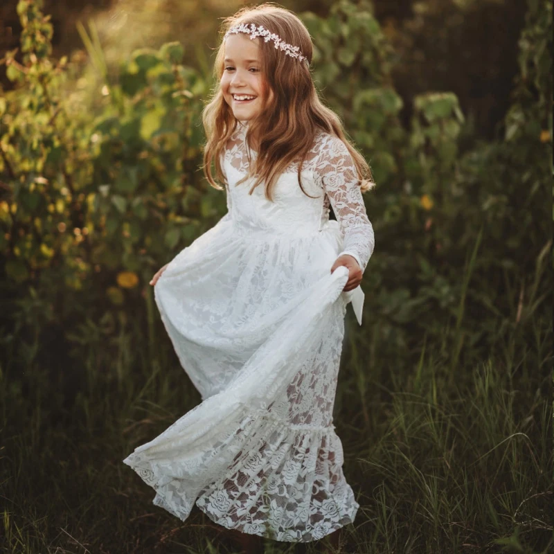 vestidos de fiesta para bodas Vestido de encaje para niñas de 2 a 12 años, ropa Bohemia blanca/Beige de manga larga con flores para bebés, Princesa,