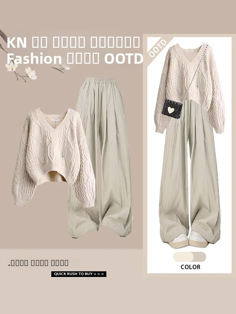 

Женский свитер с v-образным вырезом размера плюс, весна 2025 г., новые модные повседневные прямые брюки, комплект из двух предметов