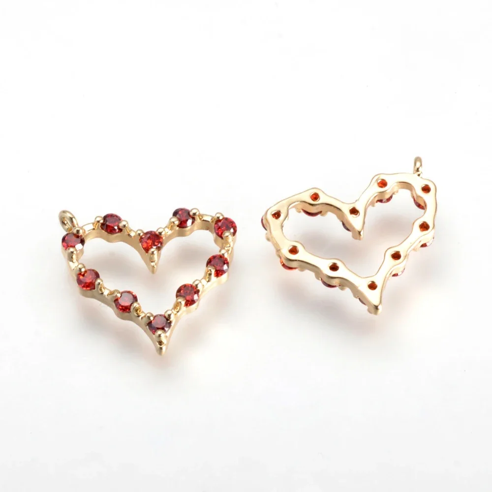 Brass Cubic Zirconia Charms Heart Golden Red 13.5x15x3mm Hole: 1mm