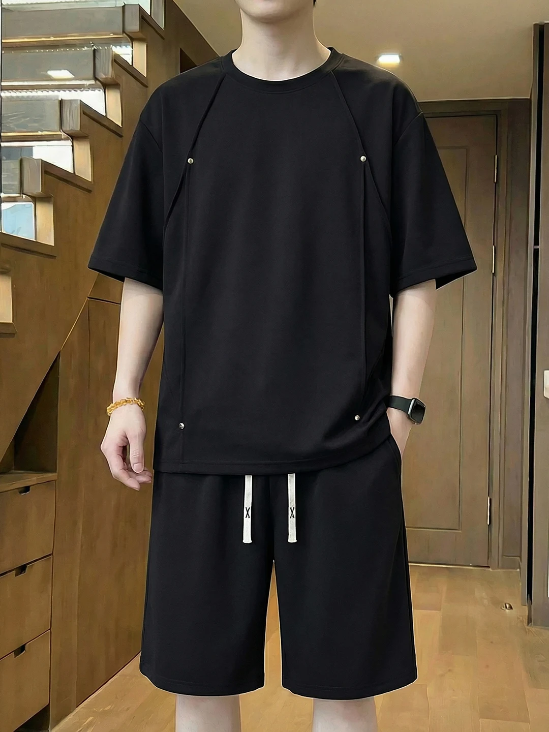 loose-casual-men's-summer-short-sleeve-short-pants-set-rivet-3d-pleat-large-size-male-fashion-padded-shorts-outfit