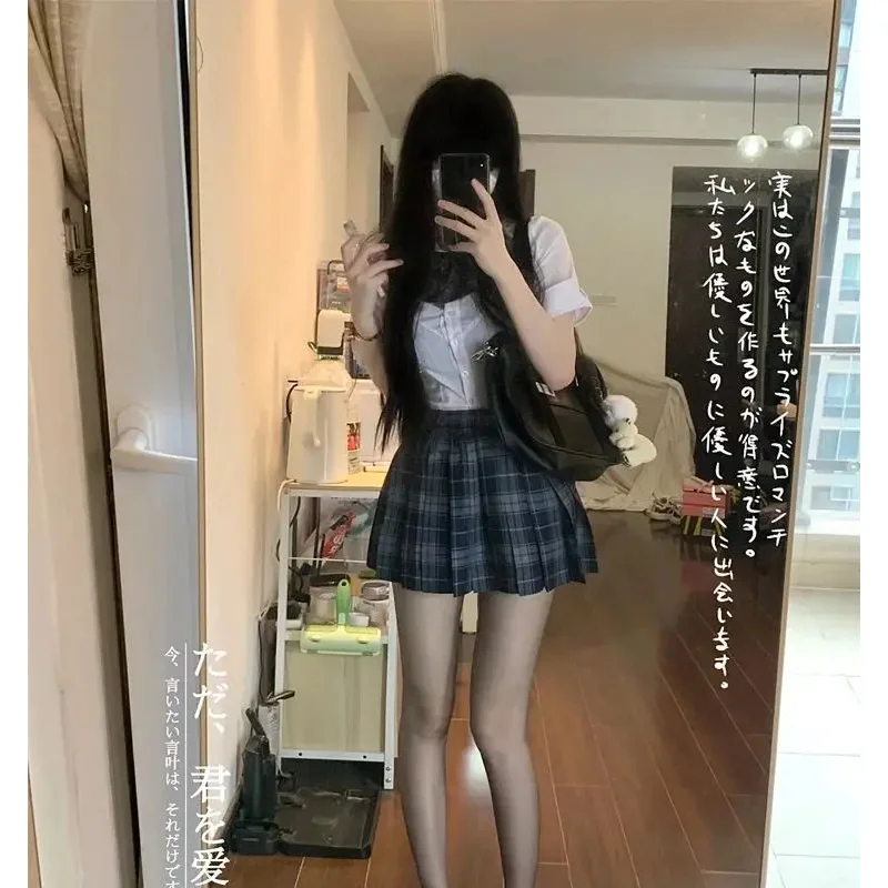 Falda de uniforme Jk Original Harajuku para mujer, conjunto de camisa elástica a cuadros corta plisada de cintura alta auténtica para perro, Sexy y ajustado