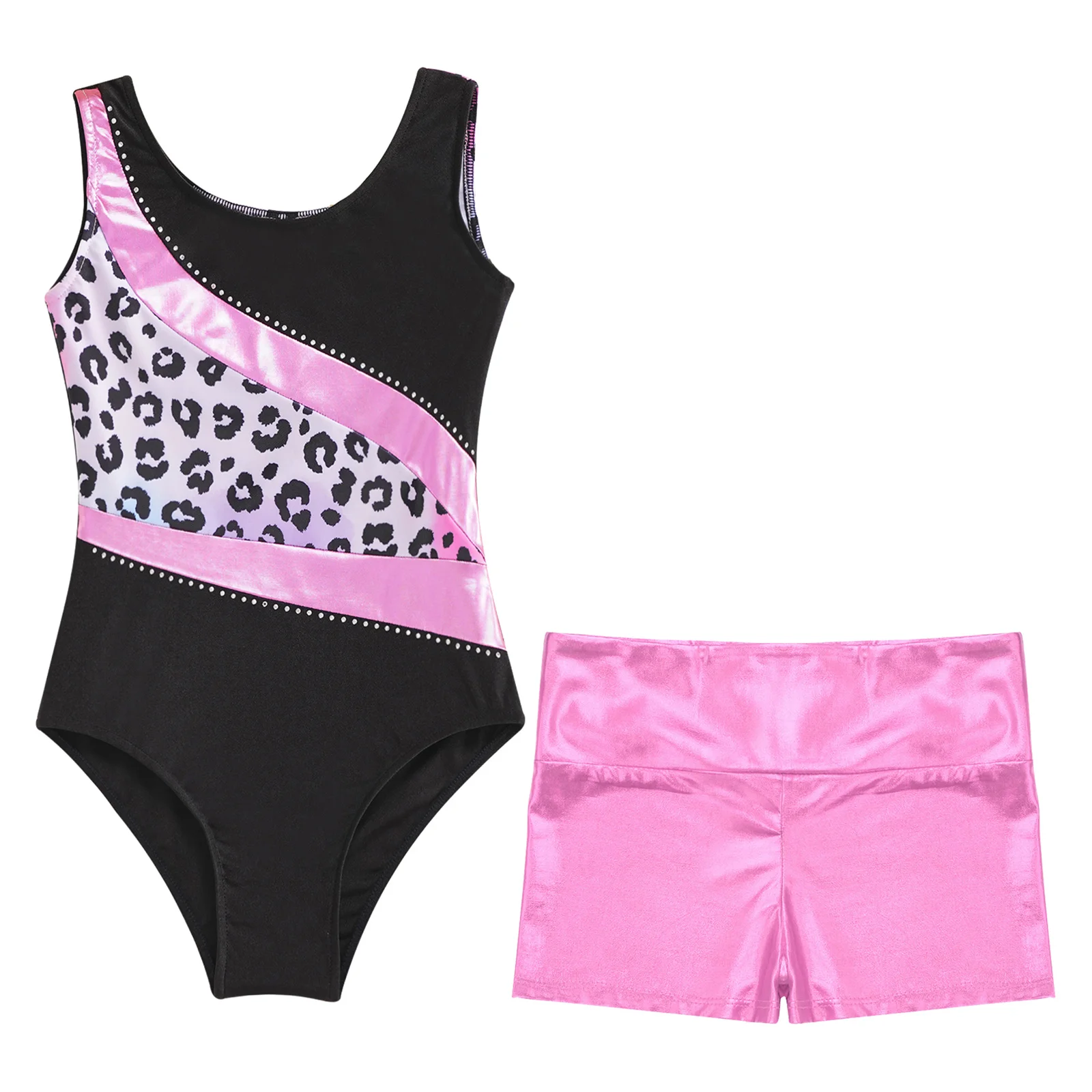 2 Stück Leoparden gymnastik Ballett Tanz Sport Outfit ärmellose einteilige Trikot mit Beute Shorts sportliche Tumbling Unitard