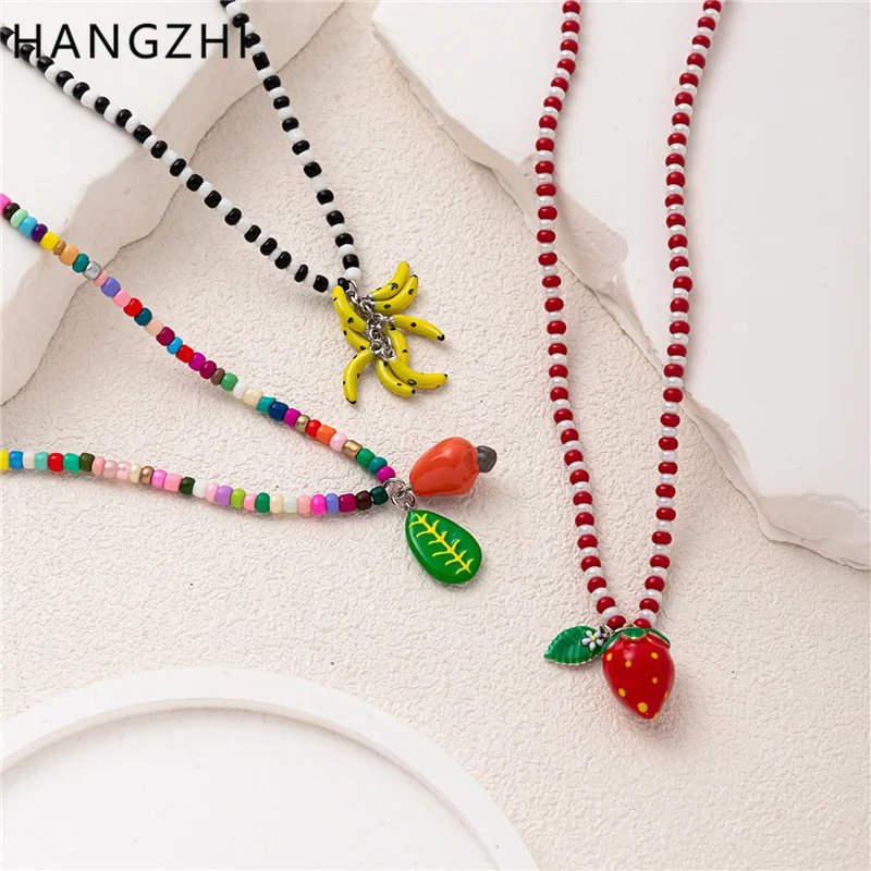 HangZhi lindo collar de fruta de dopamina colorido con cuentas plátano fresa flor naranja colgante joyería para mujeres niñas