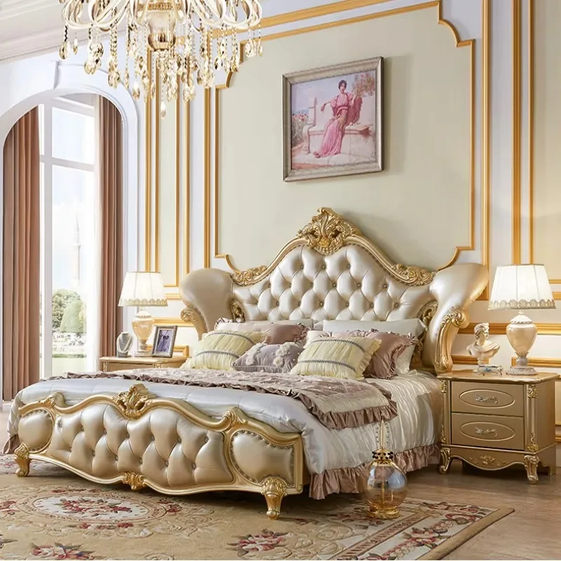 

Princess European Gold Double Bed Luxury Upholstered Pretty Solid Wood Leather Bed Queen Size Villa Cama Bedroom Furniture