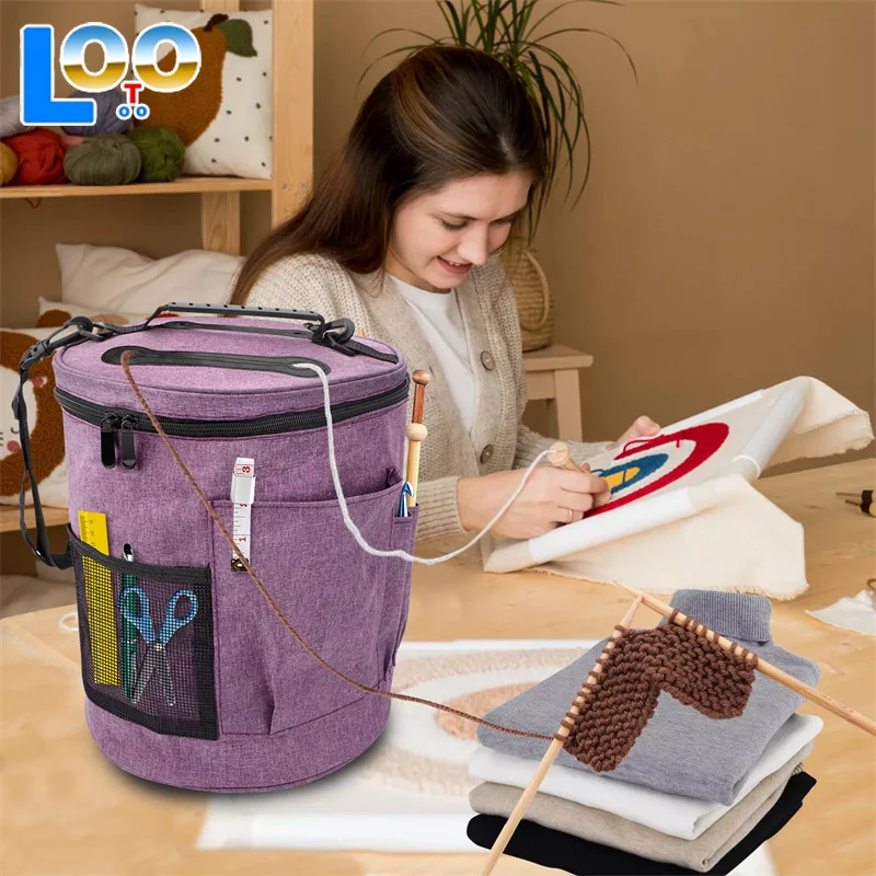 الحياكة أداة حقيبة التخزين الغزل الكروشيه المنظم حمل حقيبة سعة كبيرة المحمولة مع الجبهة الغزل الإبر السنانير الجيب