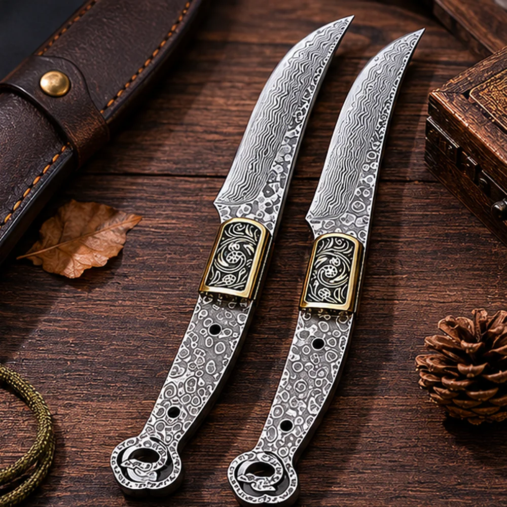 Full Tang Damascus Steel Fixed Blade Vintage Brass Bolster Snake‑Shaped Lanyard Hole Outdoor Survival Semi-finished Knife Blank