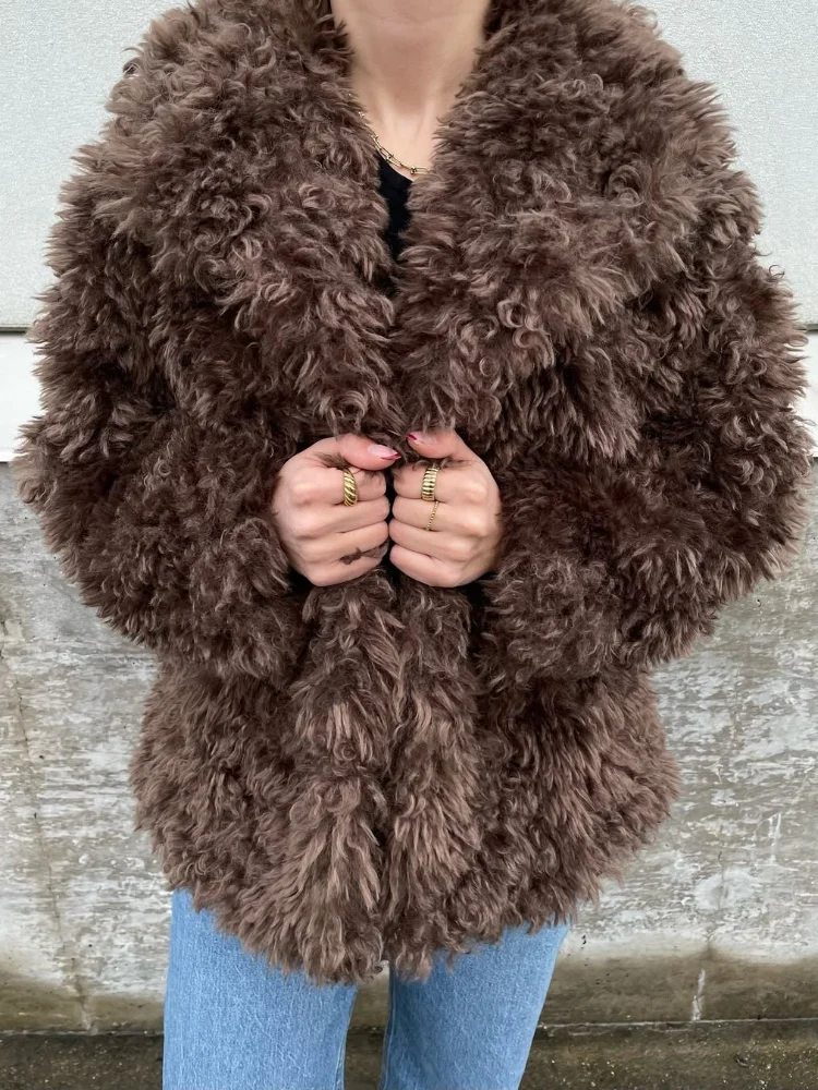 2025 hiver nouvelle dame quotidien rue vêtements d'extérieur marron Teddy bouclés fausse fourrure manteau femmes revers manches longues moelleux lâche vestes courtes