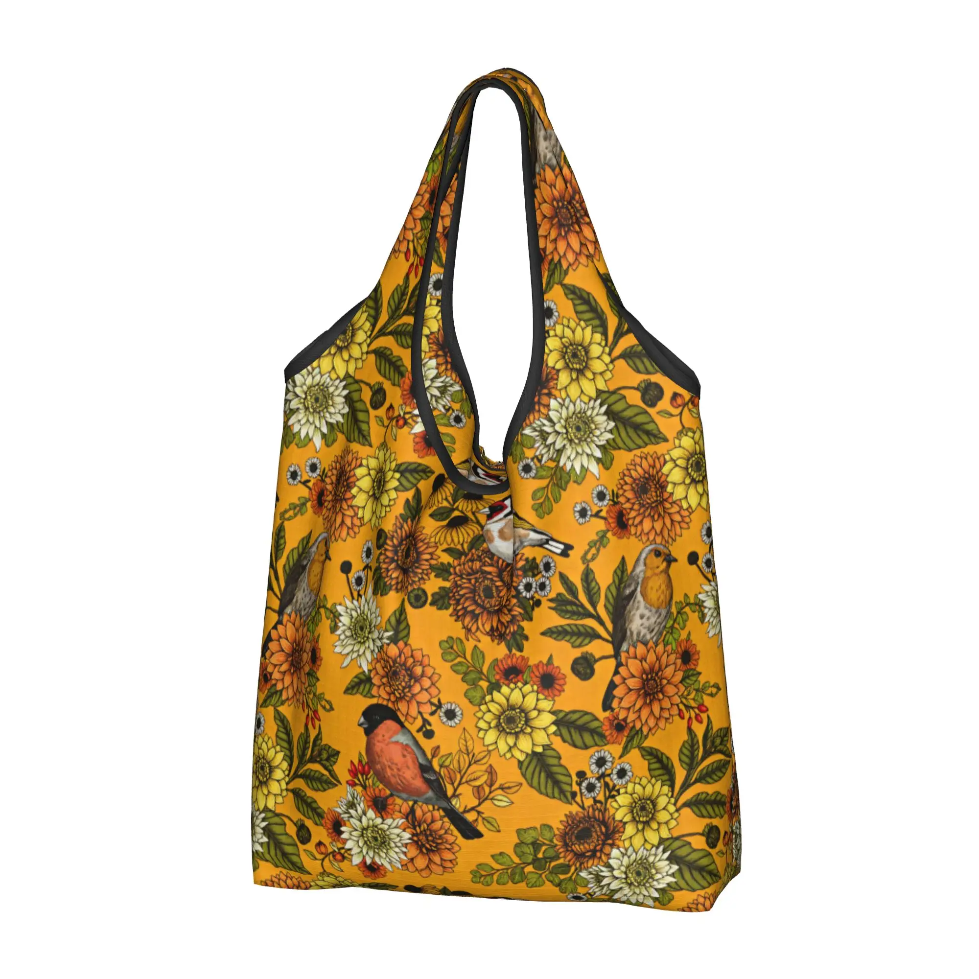 Fashion Garden Birds And Flowers on Marigold Orange Shopping Tote Bag Portable  Grocery Shopper Shoulder Bag