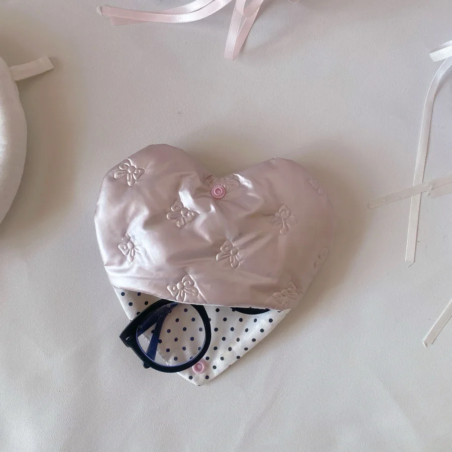 Pochette à lunettes en cuir PU rose avec nœud en relief, avec motifs, mallette de rangement pour lunettes en forme de cœur, pochette à nœud, accessoire pour lunettes