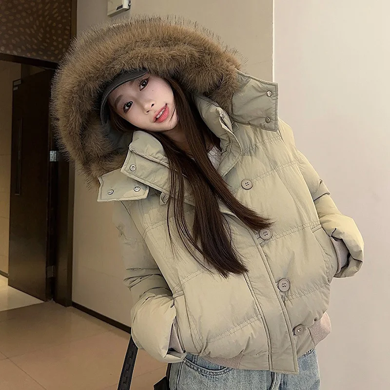 Koreanische Dünne Kurze Baumwolle Jacken Frauen 2025, Winter Pelzigen Kragen Mit Kapuze Parkas Frau Taste Dicke Warme Parka Jacke Weibliche