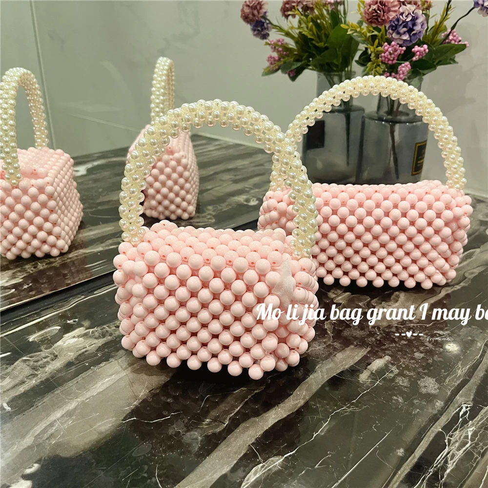 Summer Pink Color Cute Sweet Mini Bag Pearl Beading Woven Handmade Square Bag Women's Handbag Female Shoulder Bag Lady Purse