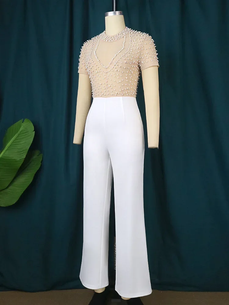 Party Jumpsuit Women Rompers Bodysuit Long Overalls Nail Bead Party Long Sleeve V-neck Y2k Formal Elegant White Outfits Work