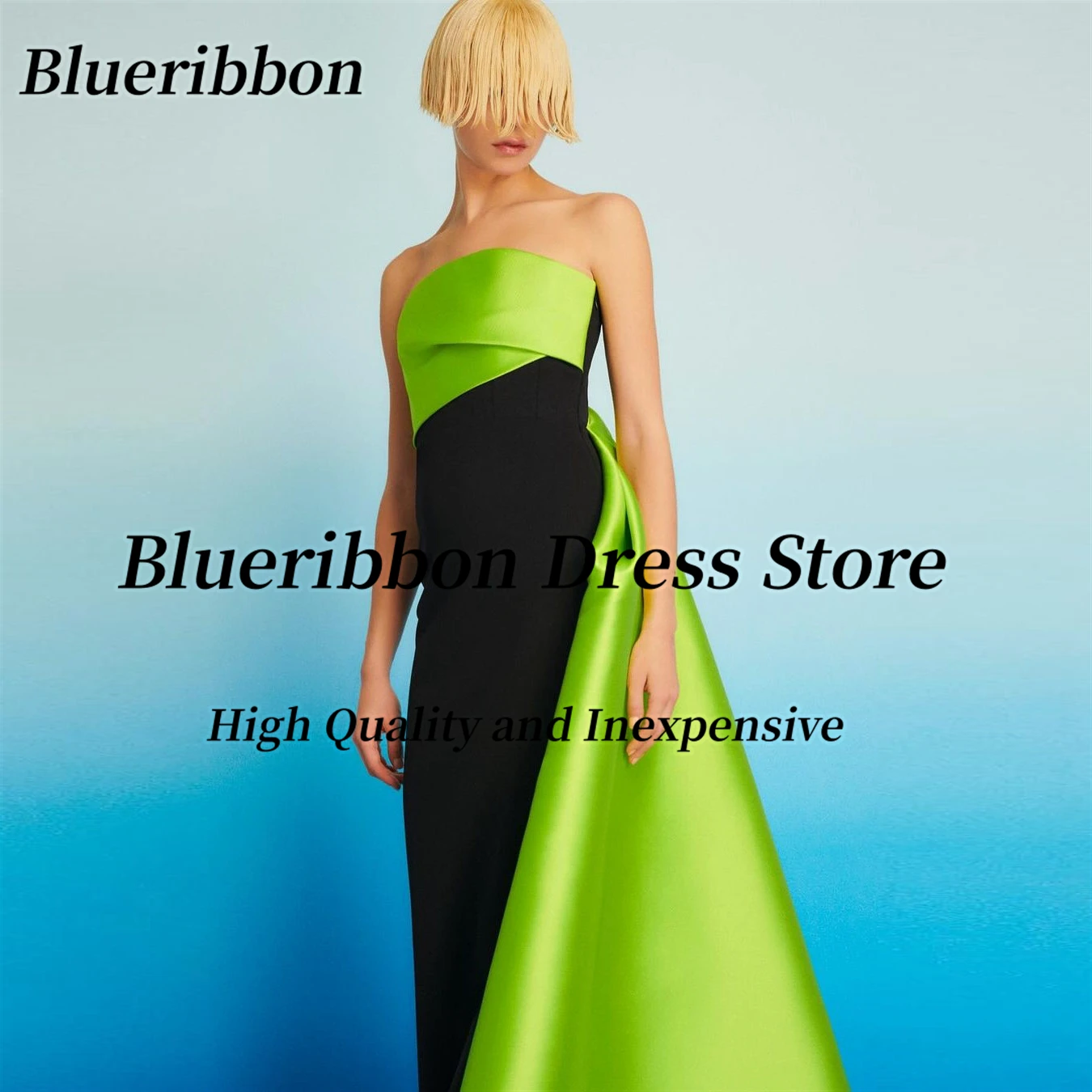 Blueribbon Customized Dresses for Prom Strapless Ankle Length Black Evening Party Gowns Contrast Color Long Train Vestidos